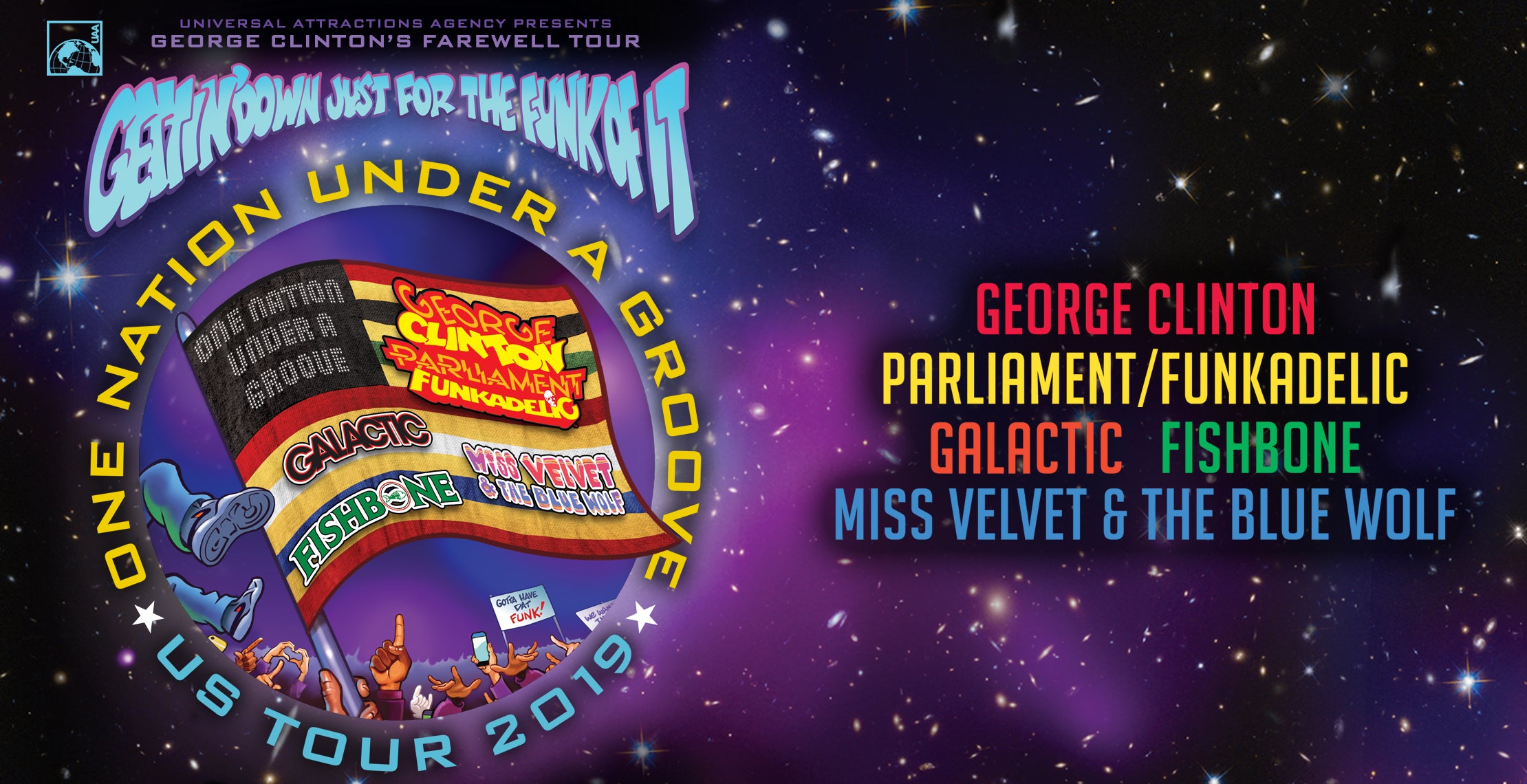 George Clinton, Parliament/Funkadelic, Galactic, Fishbone, Miss Velvet & The Blue Wolf