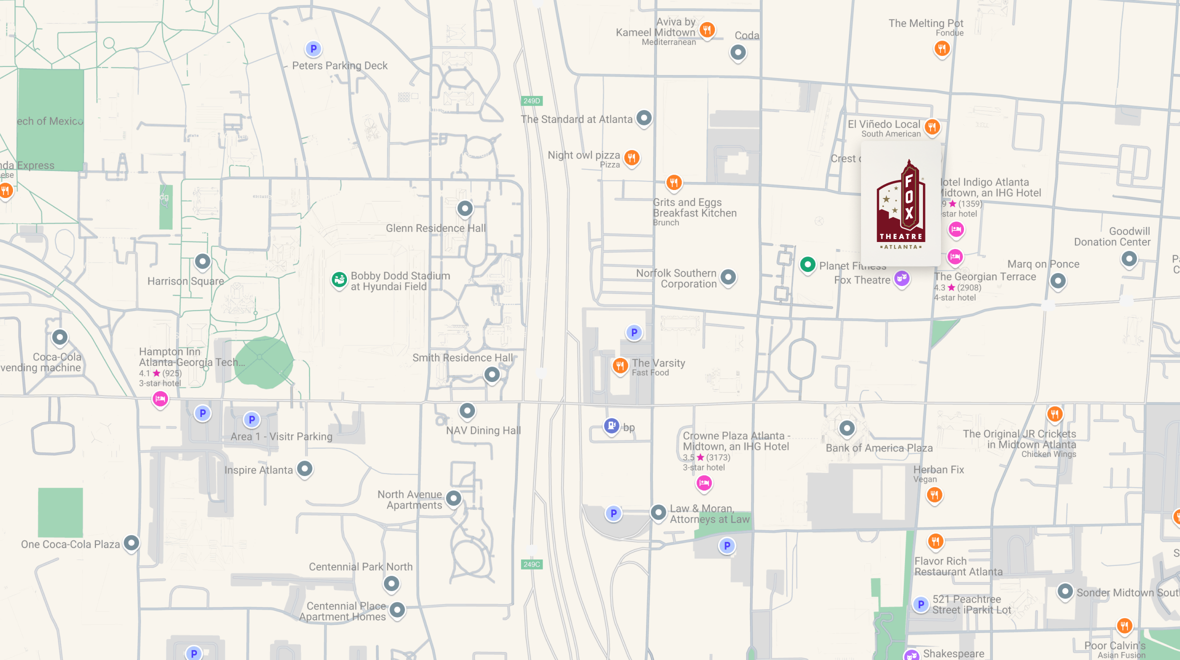 map of Atlanta, Georgia with pin at Fox Theater's location