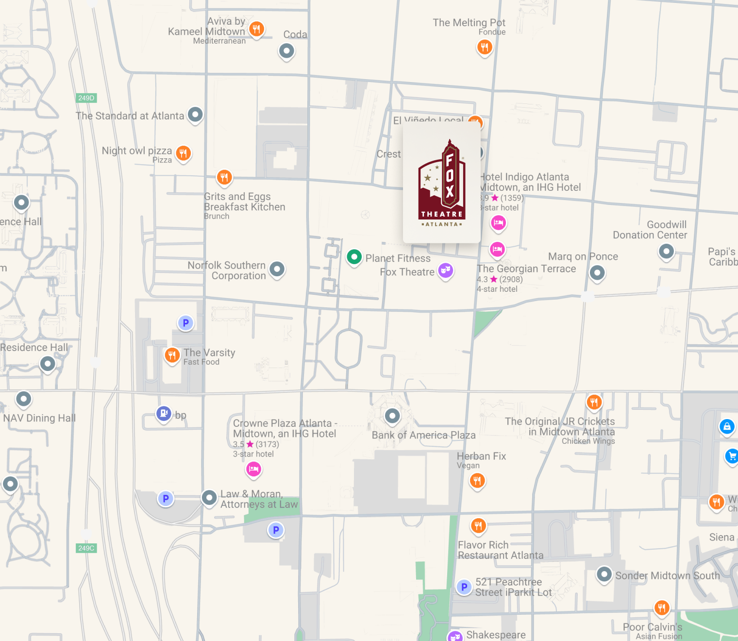 map of Atlanta, Georgia with pin at Fox Theater's location